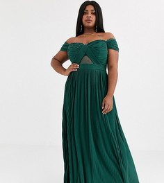 Платье макси с открытыми плечами, плиссировкой и кружевом ASOS DESIGN Curve-Зеленый