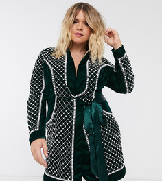 Бархатный смокинг с отделкой искусственным жемчугом ASOS DESIGN Curve-Зеленый