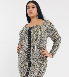 Декорированное пайетками платье мини с леопардовым принтом, крючками и квадратным вырезом Pretty Darling Plus-Многоцветный