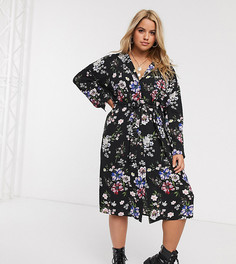 Черное платье-рубашка с длинными рукавами, поясом и цветочным принтом New Look Curve-Черный