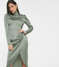 Атласное платье миди хаки с присборенной отделкой John Zack Tall-Зеленый цвет