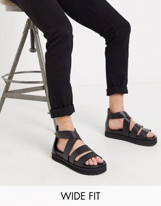 Черные кожаные сандалии-гладиаторы для широкой стопы с массивной подошвой ASOS DESIGN-Черный цвет
