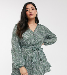 Эксклюзивное короткое приталенное платье с цветочным принтом и запахом In The Style Plus x Billie Faiers-Зеленый