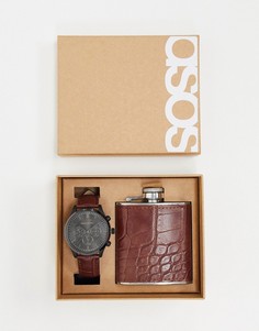 Подарочный набор с часами и коричневой фляжкой ASOS DESIGN-Коричневый