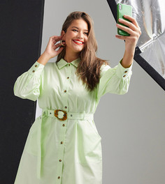 Платье-рубашка с контрастными пуговицами и поясом Native Youth Plus-Зеленый