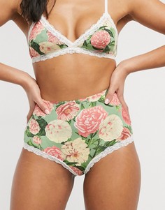 Зеленые трусы с завышенной талией и цветочным принтом Monki-Мульти