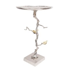 Столик приставной Glasar серебристого цвета с золотыми птичками на ветке 43x43x71 см ГЛАСАР