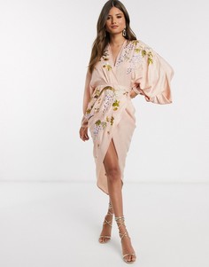 Платье миди с цветочной вышивкой и рукавами-кимоно ASOS DESIGN-Розовый цвет