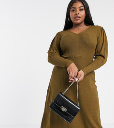 Платье миди цвета хаки в рубчик с пышными рукавами River Island Plus-Зеленый