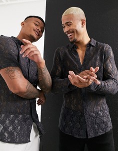 Темно-серая облегающая кружевная рубашка ASOS DESIGN-Черный