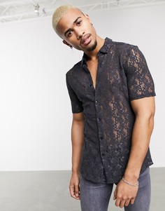 Темно-серая кружевная рубашка приталенного кроя ASOS DESIGN-Черный цвет