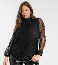 Черная блузка с кружевными вставками и оборками River Island Plus-Черный