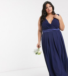 Темно-синее платье макси с запахом и бантом на спине TFNC Plus Bridesmaids-Синий