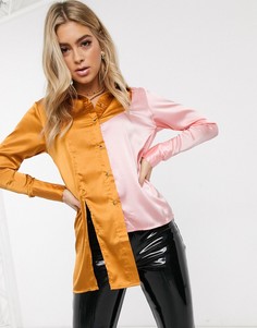 Двухцветная асимметричная рубашка из атласа с контрастной отделкой Unique 21-Многоцветный Unique21