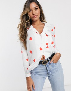 Рубашка кремового цвета с длинными рукавами и принтом сердечек Style Cheat-Белый