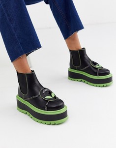 Черные ботинки из искусственной кожи на массивной подошве с зеленой окантовкой Koi Footwear-Черный