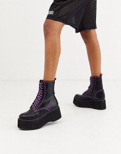 Черные ботинки из искусственной кожи на платформе с фиолетовыми швами и шнуровкой Koi Footwear-Черный