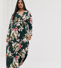 Платье макси с глубоким вырезом и цветочным принтом Missguided Plus-Черный