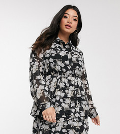 Короткое приталенное платье-рубашка с монохромным цветочным принтом In The Style Plus x Stephsa-Мульти