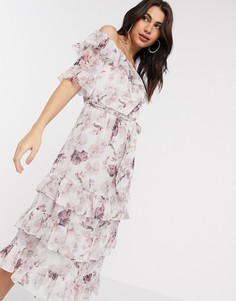 Розовое платье макси с открытыми плечами, оборками и цветочным принтом River Island-Розовый