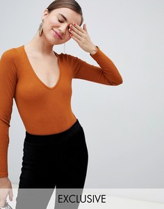 Боди коричневого цвета в рубчик с V-образным вырезом и длинными рукавами Monki-Зеленый