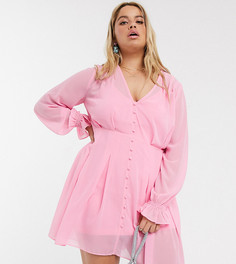 Розовое эксклюзивное чайное платье мини с пуговицами In The Style Plus-Розовый