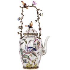 Чайник фарфоровый Glasar декоративный с птичками, цветочками и бронзовой ручкой 25х17х45см ГЛАСАР