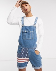 Свободный джинсовый комбинезон-шорты с американским флагом ASOS DESIGN-Голубой