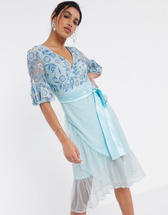 Голубое декорированное платье миди с рукавами клеш Frock & Frill-Голубой