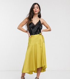 Желтая атласная юбка макси с запахом и поясом ASOS DESIGN Petite-Зеленый