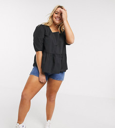 Черная поплиновая блузка с пышными рукавами New Look Curve-Черный