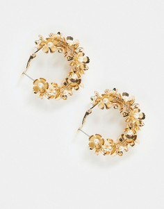 Золотистые серьги-кольца с искусственным жемчугом и цветами Monki-Золотой