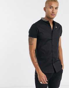 Черная рубашка без воротника с короткими рукавами и фирменной лентой SikSilk-Черный