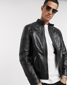 Кожаная байкерская куртка с 4 карманами Barneys Originals-Черный цвет