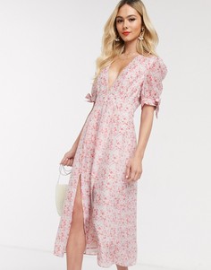 Розовое чайное платье миди с цветочным принтом Collective The Label-Розовый цвет