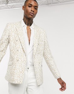 Двубортный приталенный пиджак с леопардовым принтом ASOS DESIGN-Белый