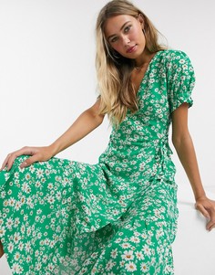 Зеленое платье мини с запахом и цветочным принтом Influence-Зеленый