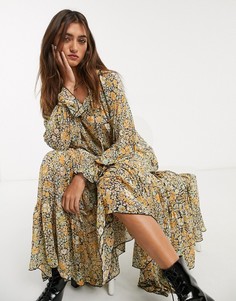 Черное платье миди с цветочным принтом Free People-Желтый