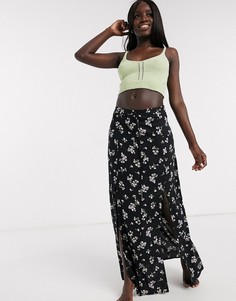 Черная юбка макси с разрезами и цветочным принтом Miss Selfridge-Черный