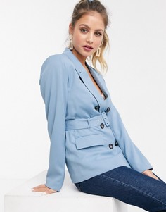 Синий эксклюзивный двубортный пиджак с ремнем In The Style