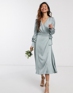 Шалфейно-зеленое атласное платье миди с запахом и поясом TFNC bridesmaid-Зеленый