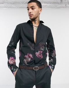 Черная рубашка с цветочным принтом и эффектом выцветания Twisted Tailor-Черный цвет