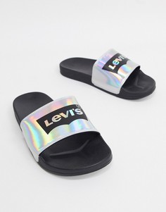 Черно-серебристые шлепанцы с логотипом Levis-Черный