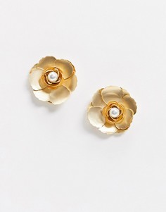 Золотистые серьги с цветочным дизайном и искусственным жемчугом French Fashion House-Золотой