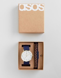 Подарочный набор из часов и браслетов коричневого и темно-синего цвета ASOS-Коричневый