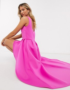 Ярко-розовое асимметричное платье макси с квадратным вырезом True Violet-Розовый