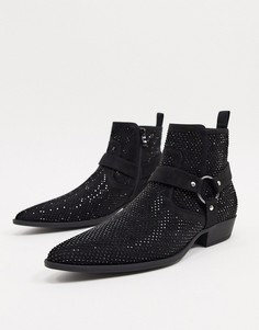 Черные ботинки челси в стиле вестерн на кубинском каблуке из искусственной замши с отделкой стразами ASOS DESIGN-Черный цвет