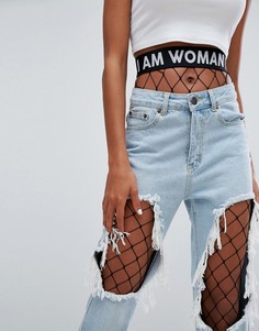 Колготки в сетку с принтом "I Am Woman Branded" на поясе ASOS-Черный