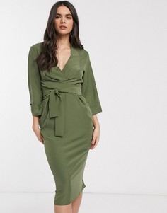 Платье-футляр миди цвета хаки с рукавами кимоно и V-образным вырезом ASOS DESIGN-Зеленый цвет