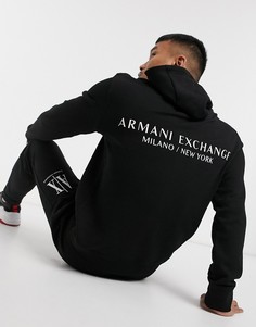 Черный махровый худи с принтом на спине Armani Exchange